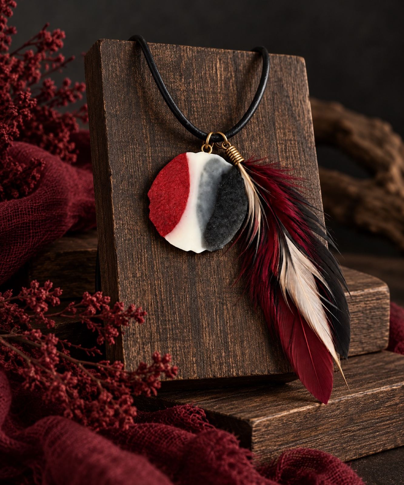 A round resin pendant in red, cream, and charcoal with a cascade of burgundy feathers